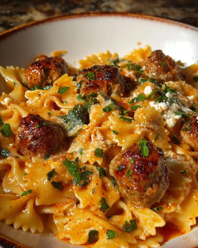 Creamy garlic butter beef bowtie pasta with Italian sausage and spinach dish