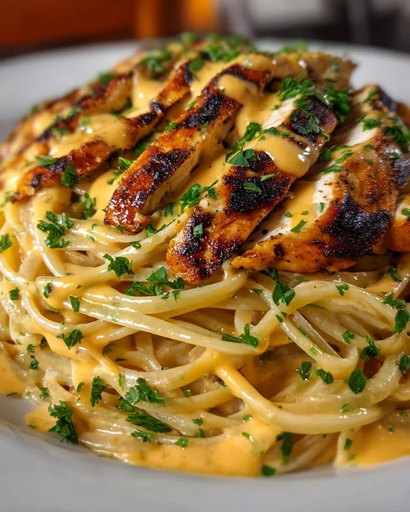 Creamy garlic butter chicken served with linguine and Alfredo sauce