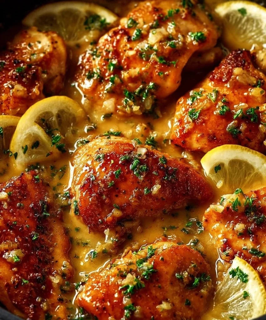 Delicious creamy garlic chicken served on a plate, garnished with herbs