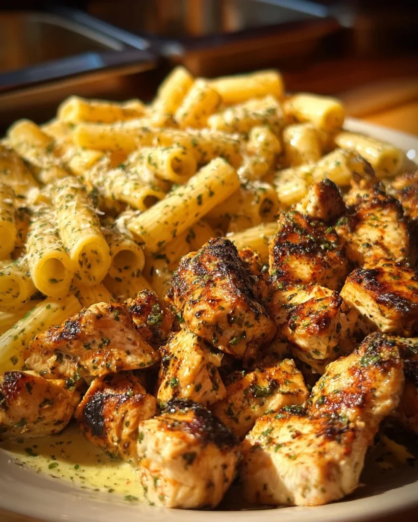 Creamy garlic chicken bites served with Parmesan rigatoni pasta