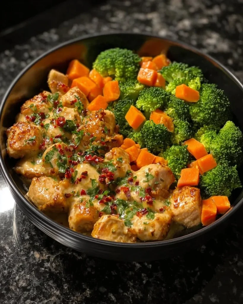 Creamy garlic chicken served in a veggie bowl, bursting with flavor and nutrition.