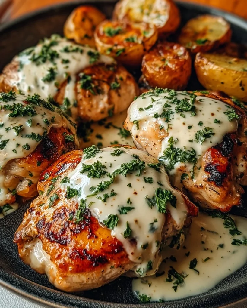 Creamy Garlic Chicken with Roasted Baby Potatoes on a plate