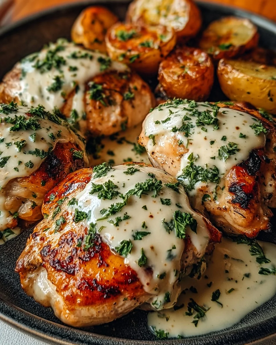 Creamy Garlic Chicken with Roasted Baby Potatoes on a plate