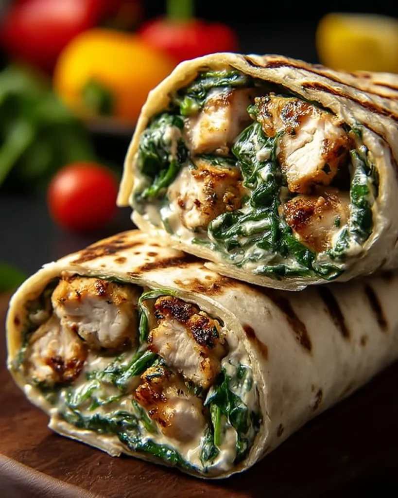 Creamy garlic chicken wraps served with fresh vegetables in a tortilla.