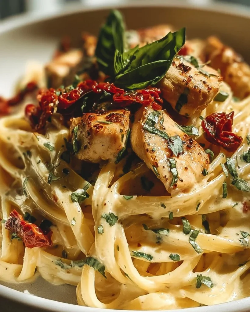 Creamy garlic parmesan chicken pasta garnished with parsley and parmesan cheese.
