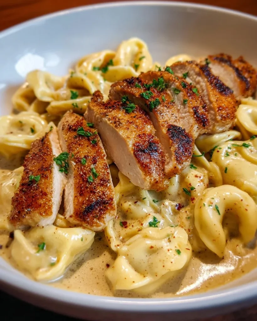 Creamy garlic parmesan chicken served with tortellini in a white sauce