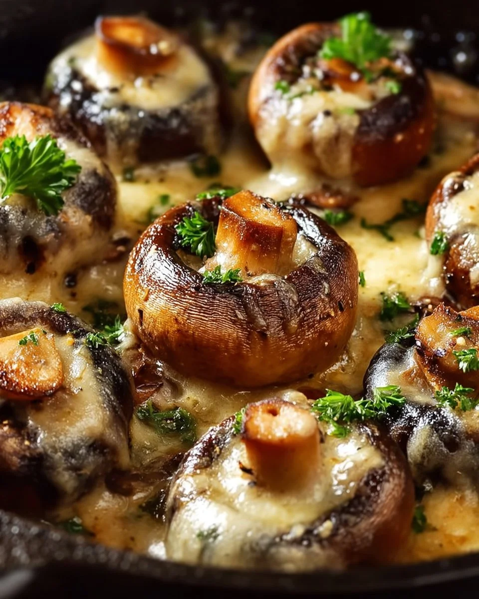 Creamy garlic Parmesan mushrooms in a skillet, garnished with herbs