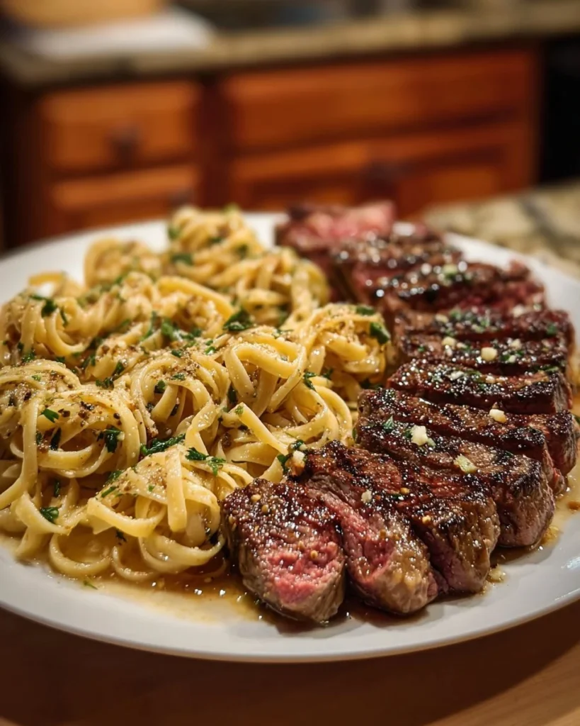 Creamy garlic Parmesan shells served with butter-seared steak bites on a plate