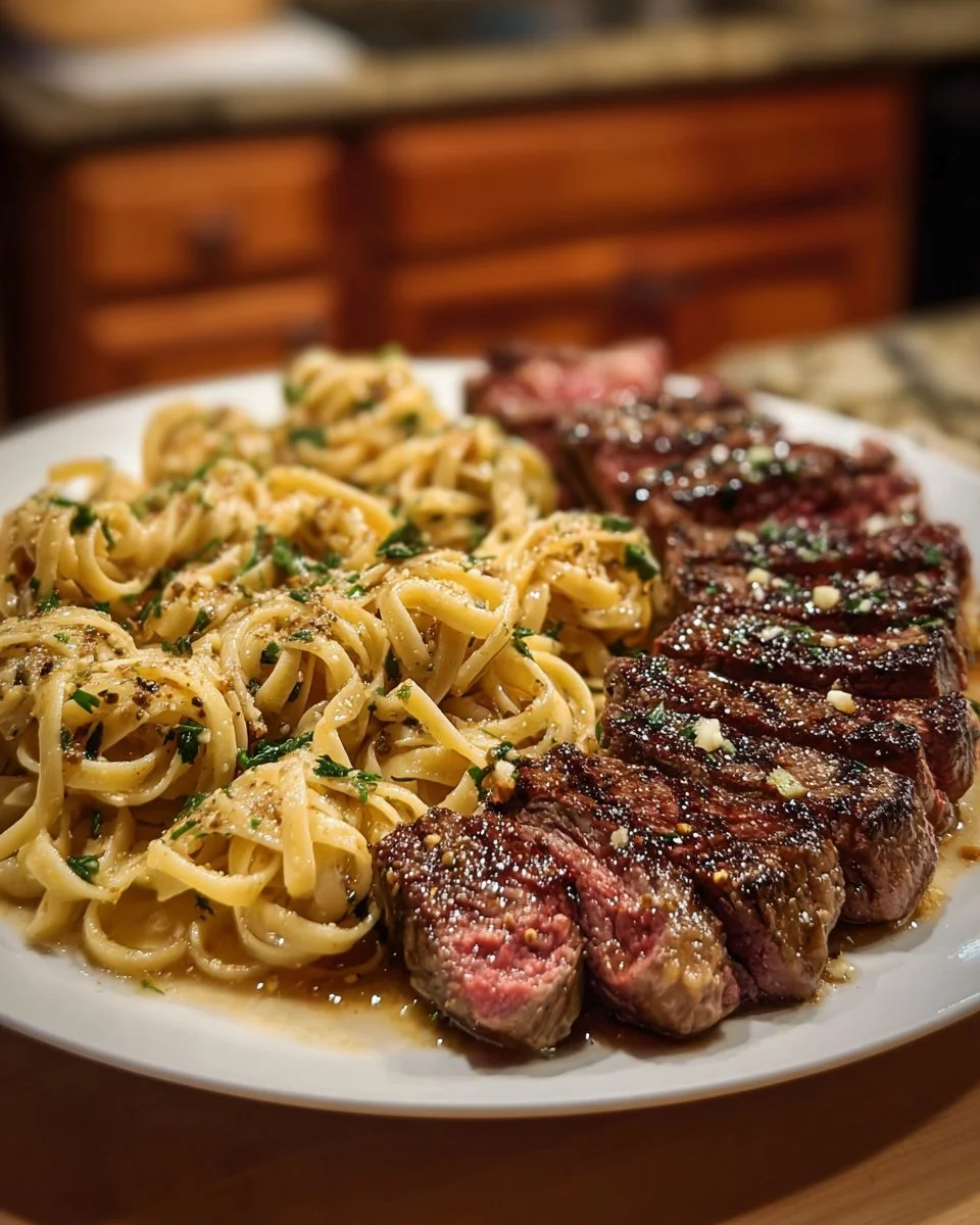 Creamy garlic Parmesan shells served with butter-seared steak bites on a plate