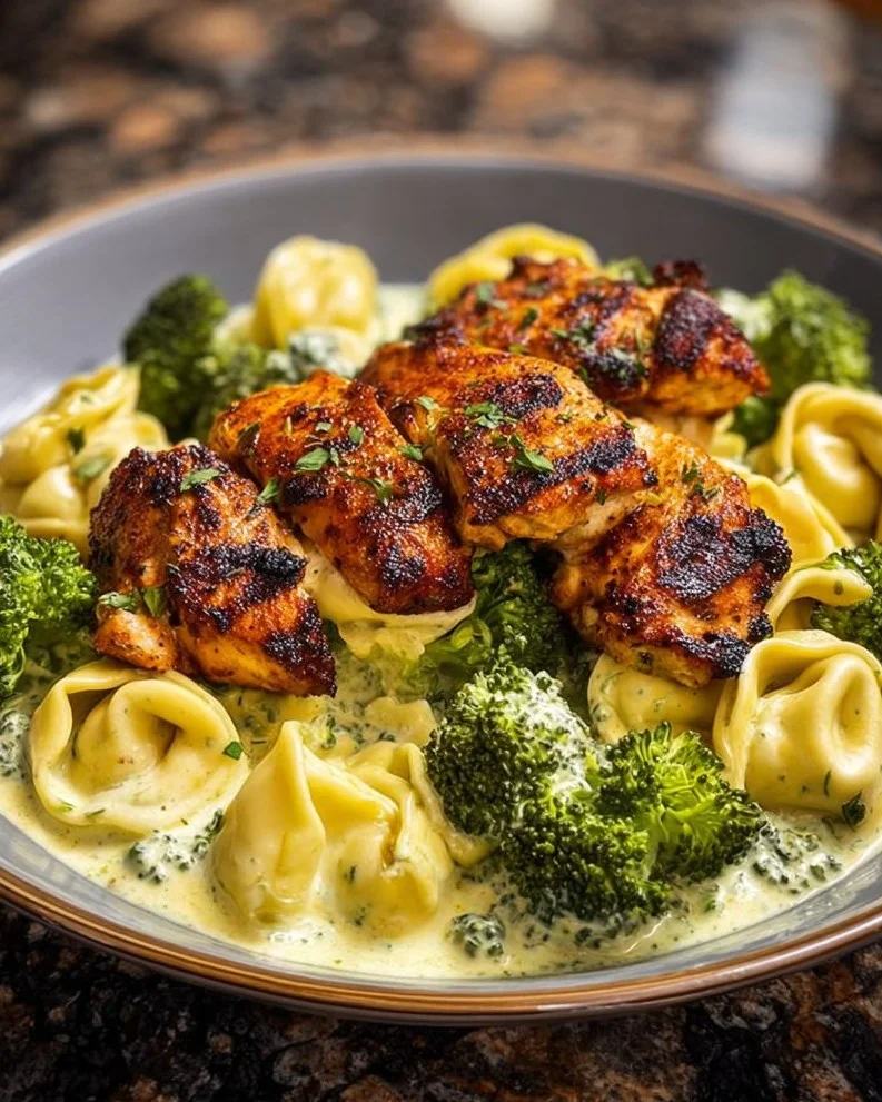 Creamy Garlic Parmesan Tortellini with Chicken and Broccoli dish