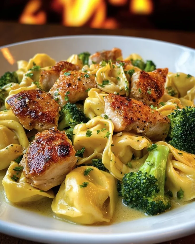 Creamy garlic parmesan tortellini with chicken and broccoli in a bowl