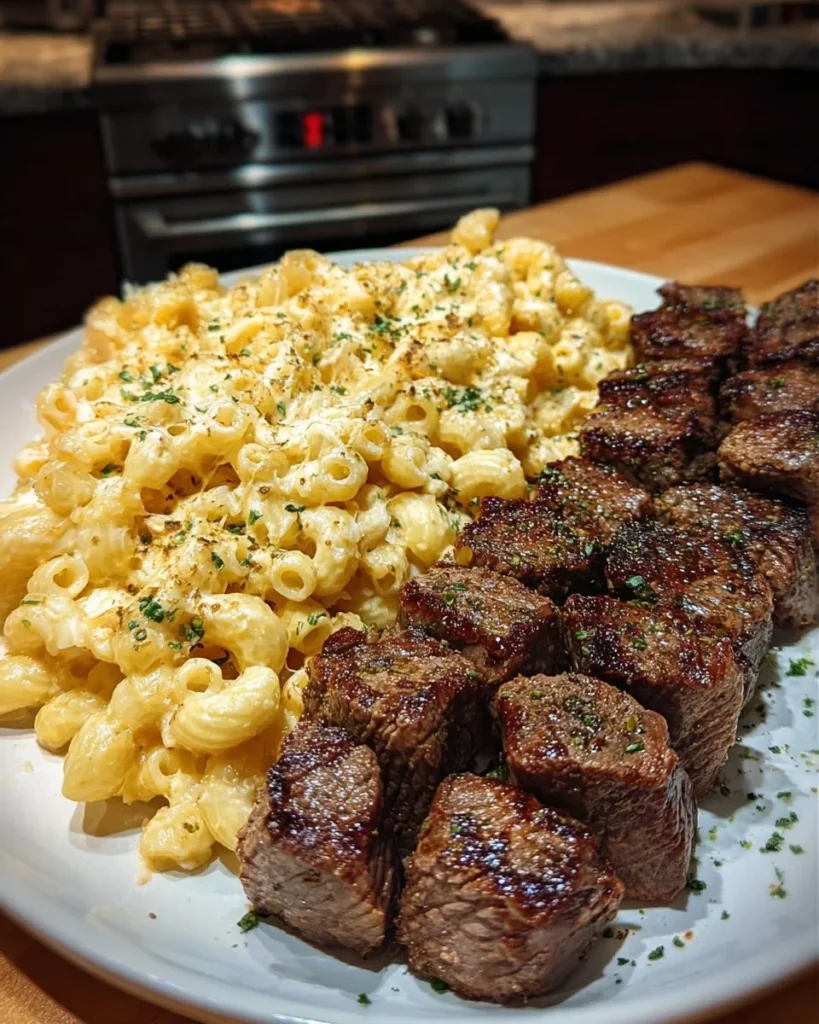 Creamy garlic shell pasta topped with juicy steak bites in a savory sauce.