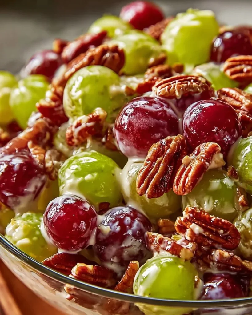Creamy grape and pecan salad with fresh ingredients in a bowl