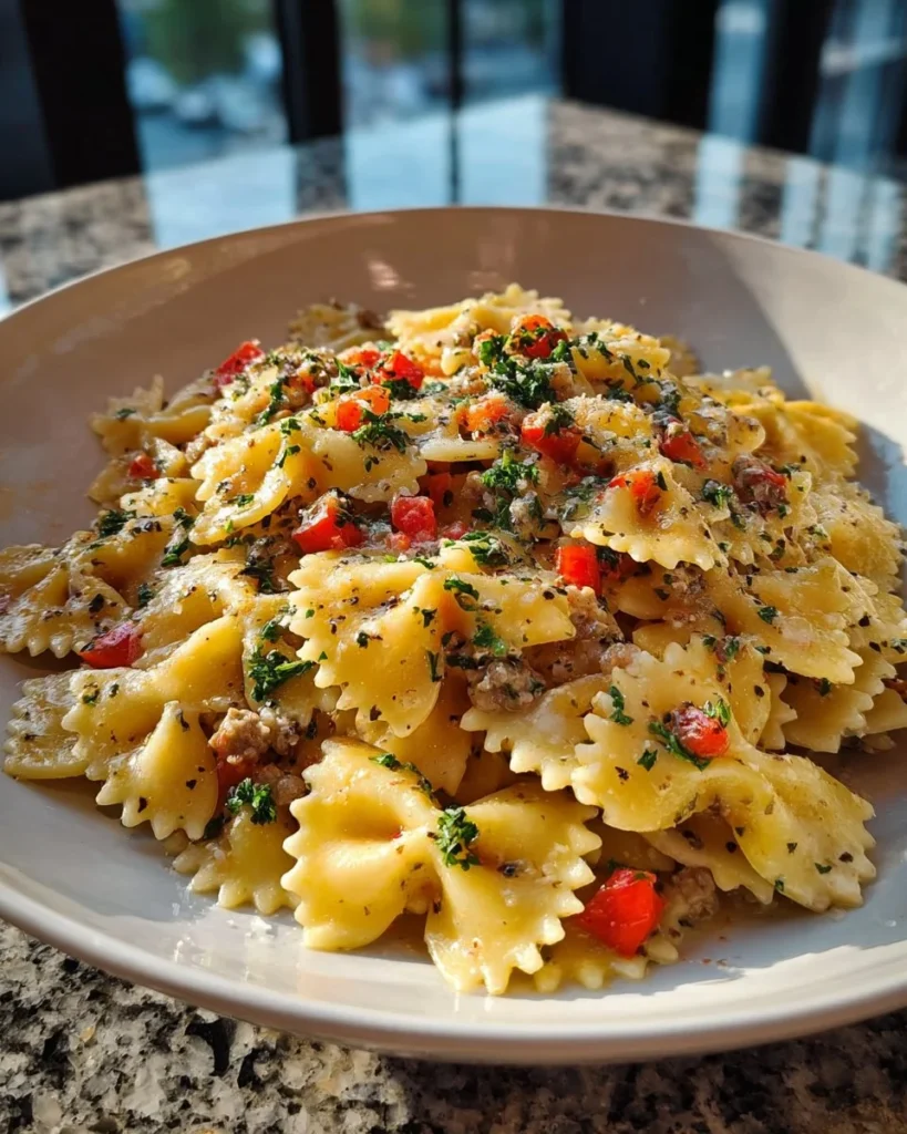 Creamy ground beef bowtie pasta with mozzarella and parmesan in a bowl