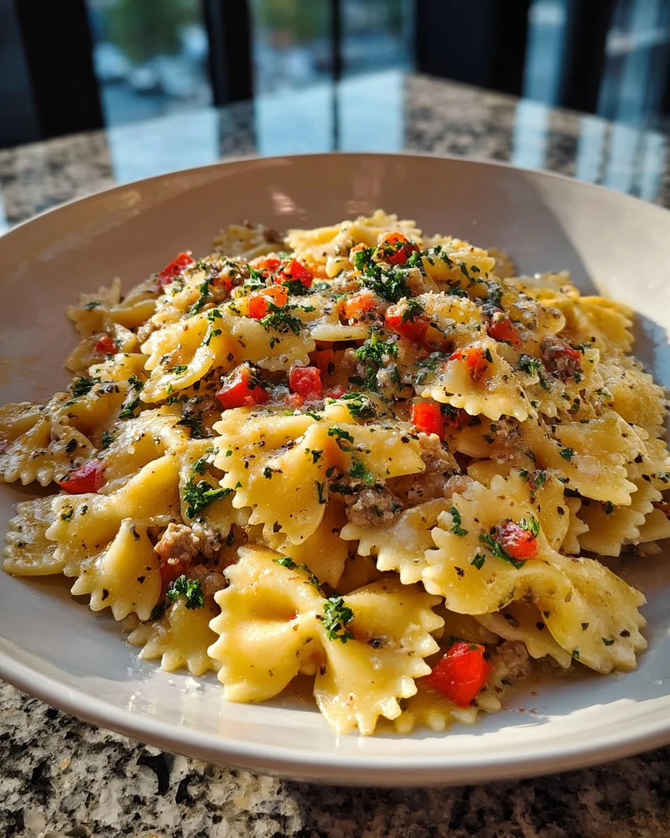Creamy ground beef bowtie pasta with mozzarella and parmesan in a bowl