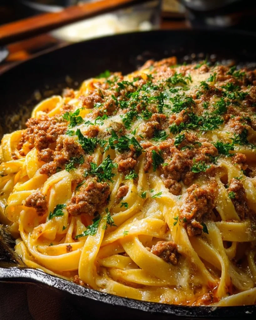 Creamy ground beef linguine pasta with Parmesan garlic cream sauce
