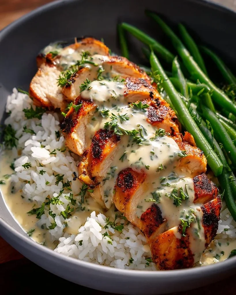 Creamy herb chicken served with green beans and steamed rice on a plate