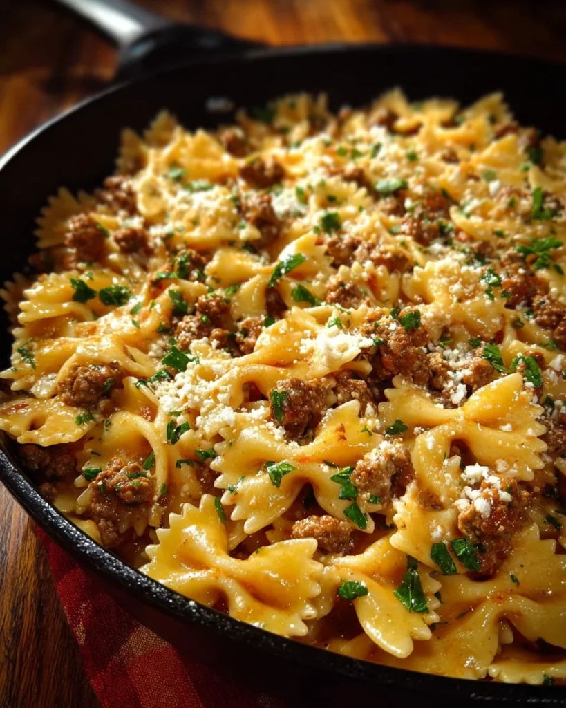 Creamy Italian sausage dish served with bowtie pasta and garlic butter.
