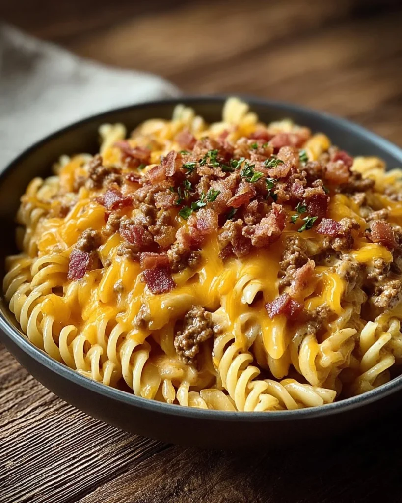Creamy loaded bacon cheeseburger alfredo pasta served in a bowl