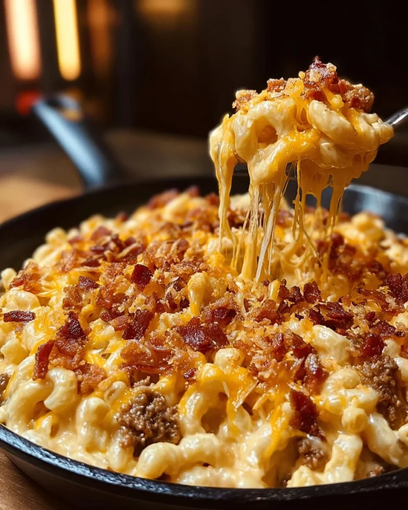 Creamy loaded bacon cheeseburger alfredo pasta topped with crispy bacon and cheese