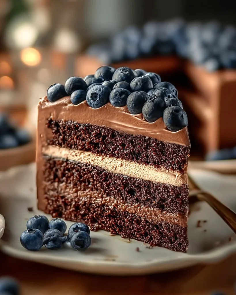 A decadent and creamy luxurious chocolate cake topped with chocolate ganache.