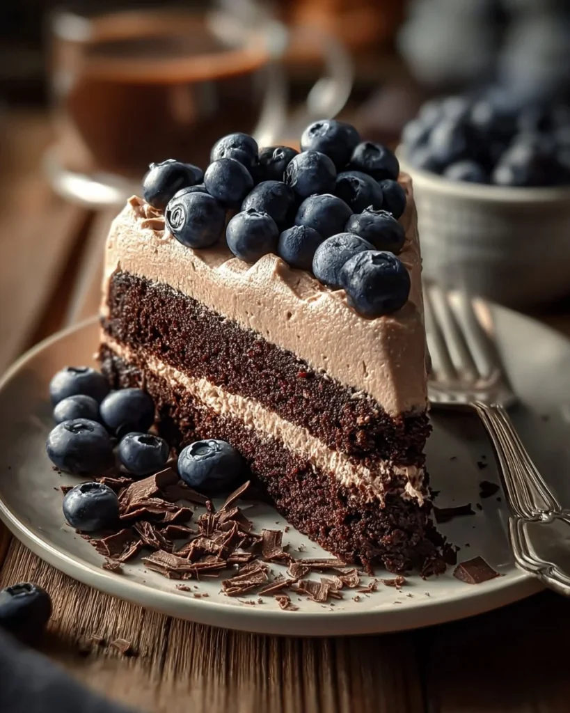 A slice of creamy luxurious chocolate cake with rich frosting and chocolate decorations.