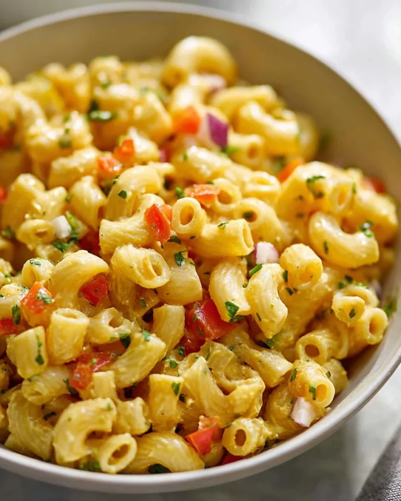 Creamy macaroni salad with vegetables and dressing in a serving bowl