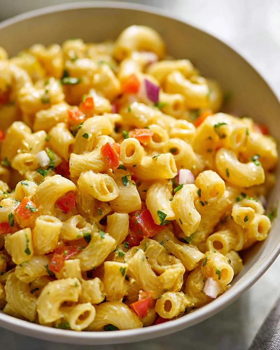 Creamy macaroni salad with vegetables and dressing in a serving bowl