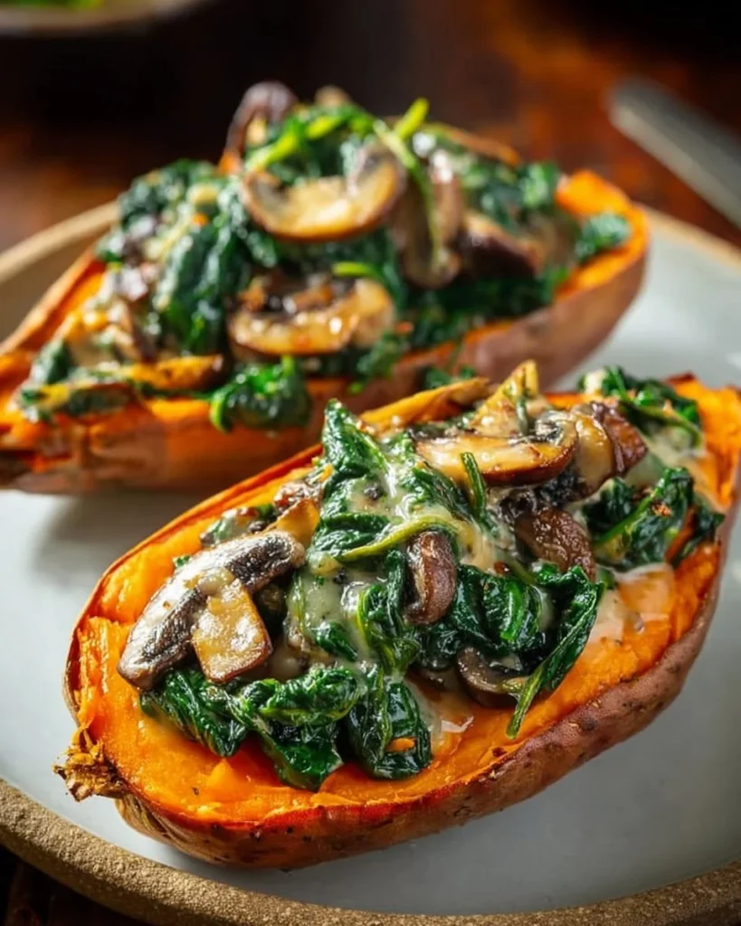 Creamy mushroom and spinach stuffed sweet potatoes topped with herbs