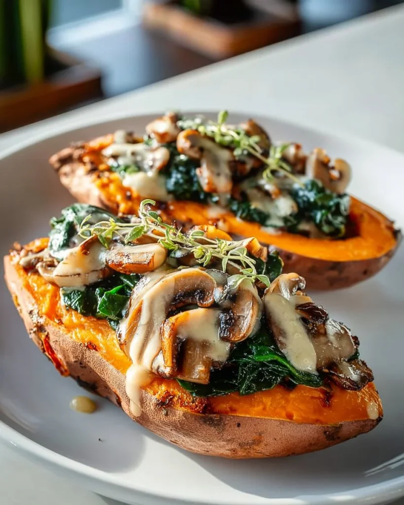 Creamy mushroom and spinach stuffed sweet potatoes served on a plate