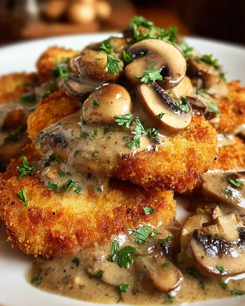 Creamy mushroom chicken cutlets served on a plate with herbs