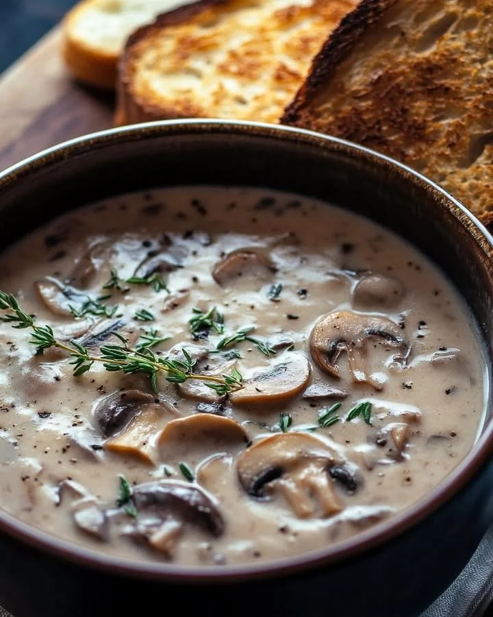 Bowl of creamy mushroom soup garnished with herbs