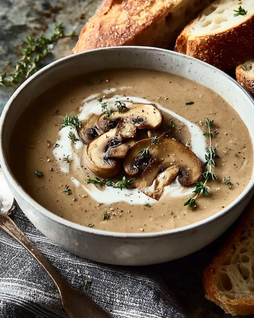 Bowl of creamy mushroom soup garnished with thyme and accompanied by toasted bread