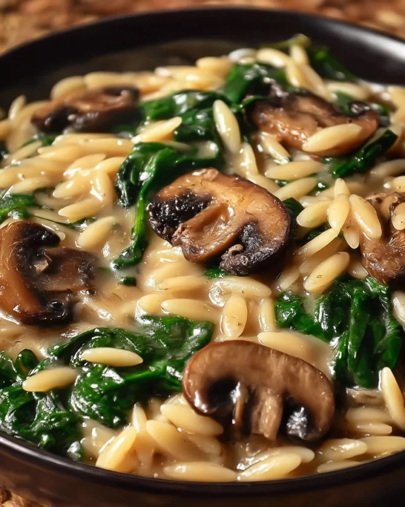 Creamy mushroom spinach orzo dish garnished with fresh herbs in a bowl