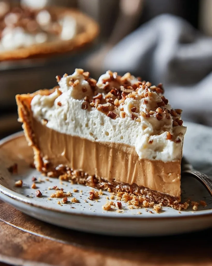 Creamy nut butter pie topped with nuts and chocolate drizzle