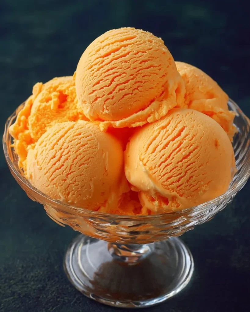 Delicious creamy orange ice cream in a bowl with orange slices.