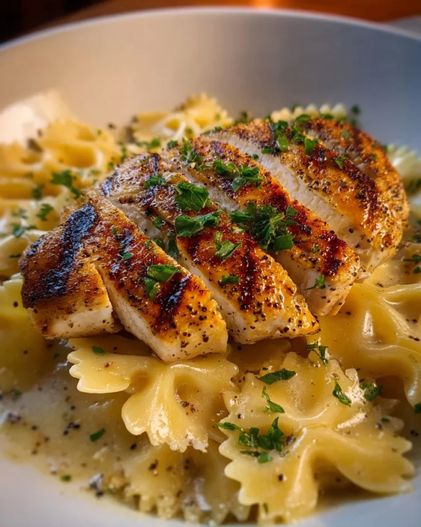 Creamy Parmesan Bowtie Pasta with Lemon Garlic Chicken dish