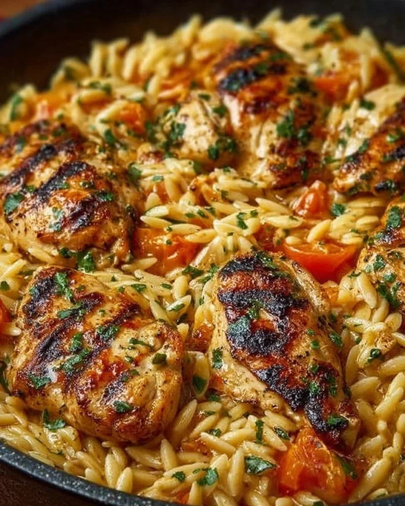 Creamy Parmesan Chicken served with Orzo pasta in a bowl