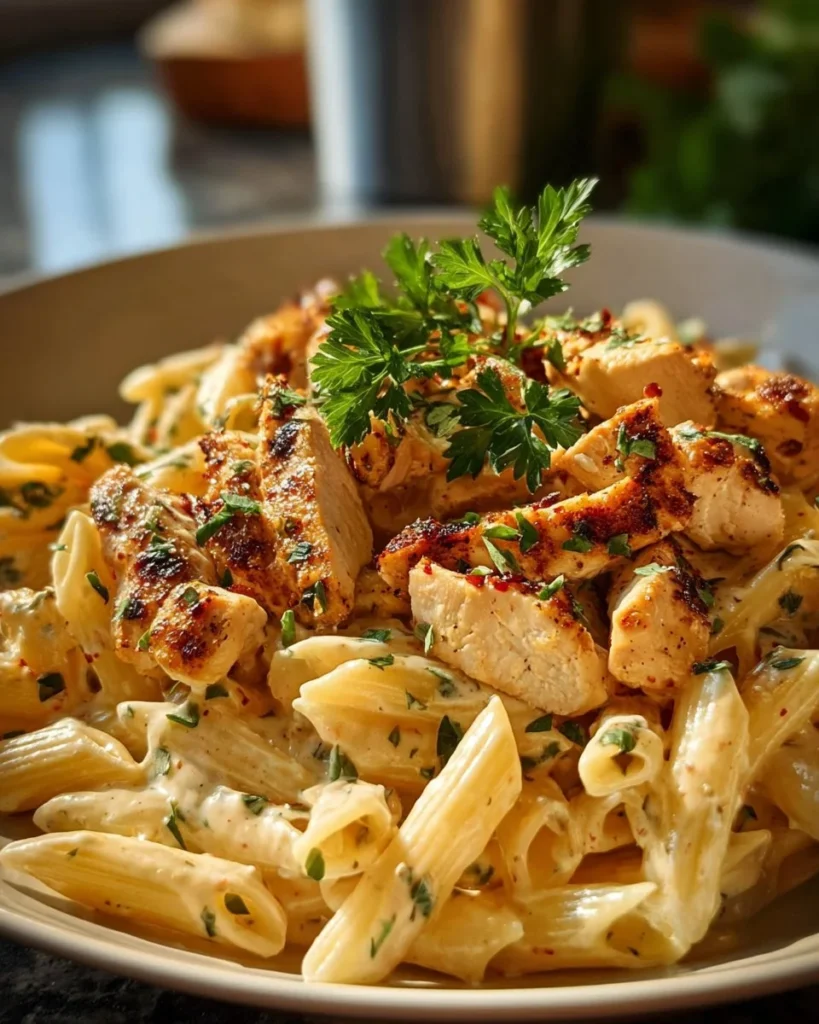 Creamy Parmesan Chicken served with Penne pasta on a white plate.