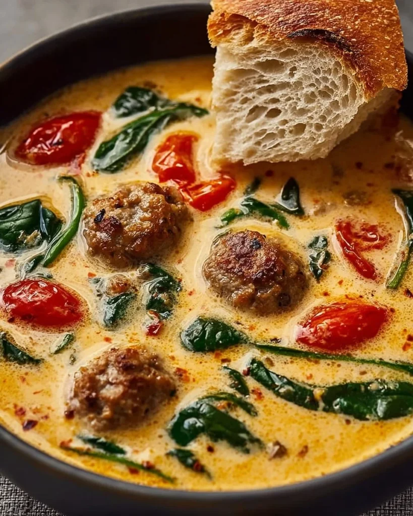 Bowl of creamy Parmesan Italian sausage soup garnished with herbs