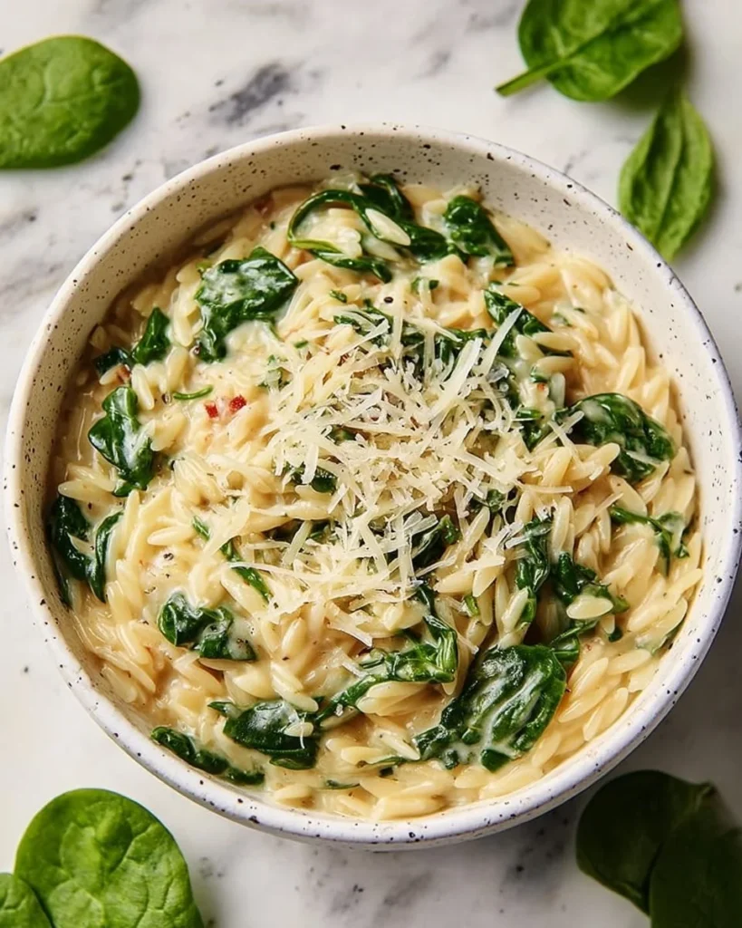 Creamy Parmesan spinach orzo in a bowl, garnished with fresh herbs.