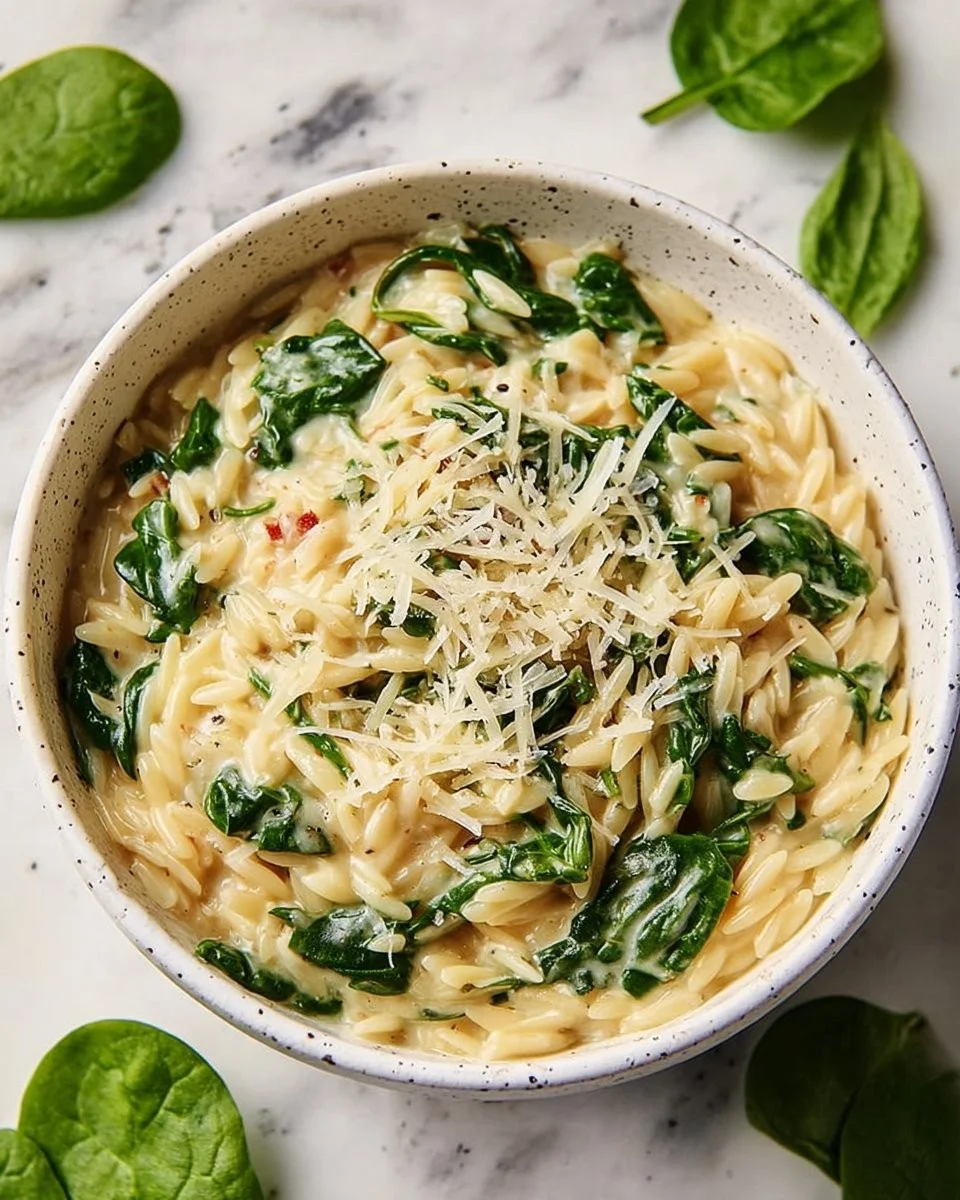 Creamy Parmesan spinach orzo in a bowl, garnished with fresh herbs.