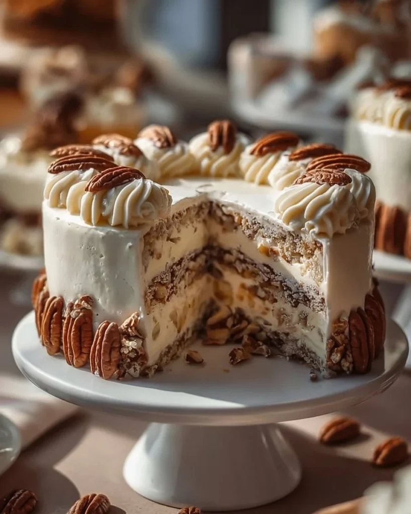 Slice of creamy Pecan Delight Cake with pecans on top