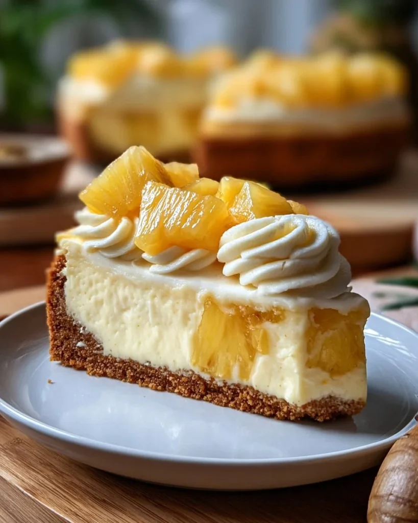 Delicious creamy pineapple cheesecake topped with fresh pineapple slices.