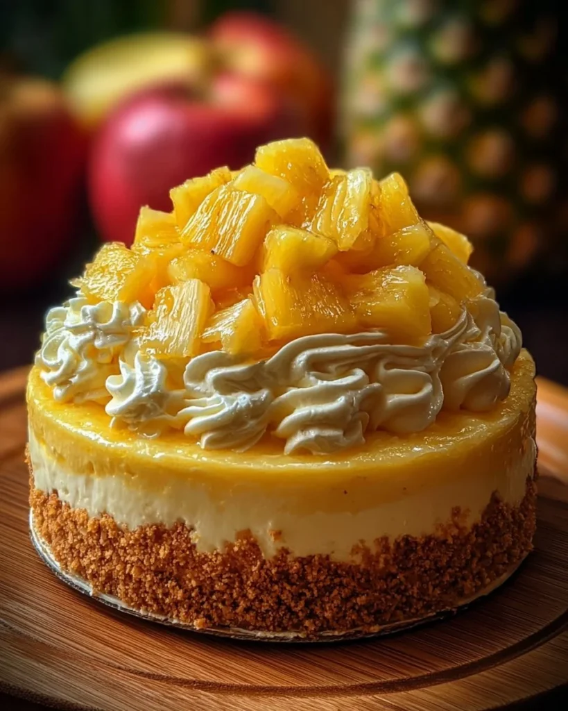 Delicious creamy pineapple cheesecake topped with pineapple slices