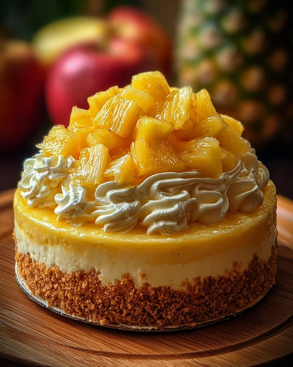 Delicious creamy pineapple cheesecake topped with pineapple slices