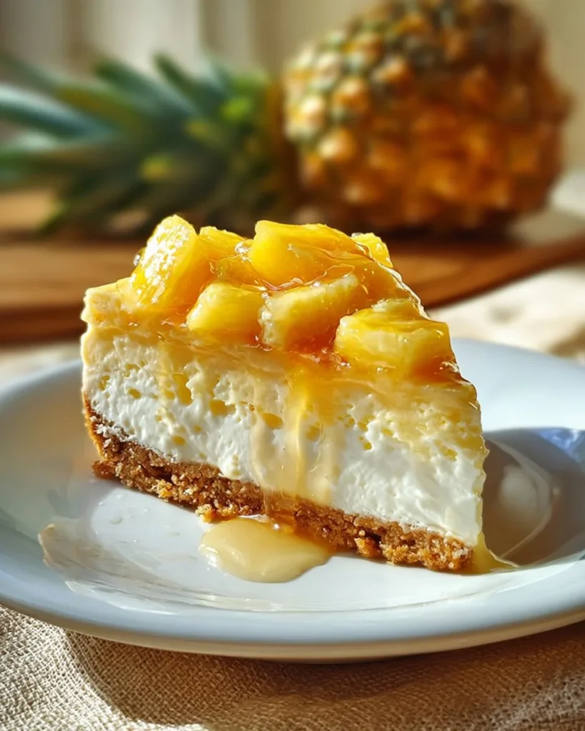 Delicious creamy pineapple cheesecake topped with fresh pineapple slices