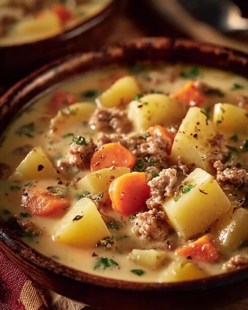 Creamy potato hamburger soup garnished with herbs in a rustic bowl