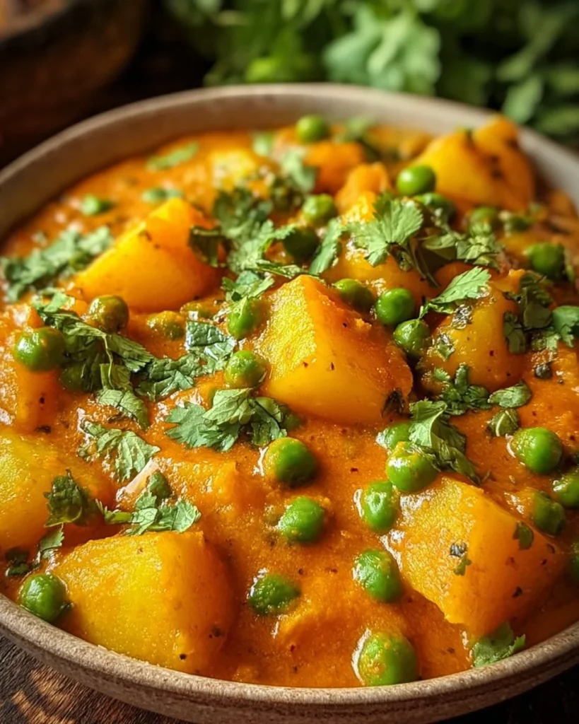 Creamy potato and pea curry dish garnished with spices and herbs.