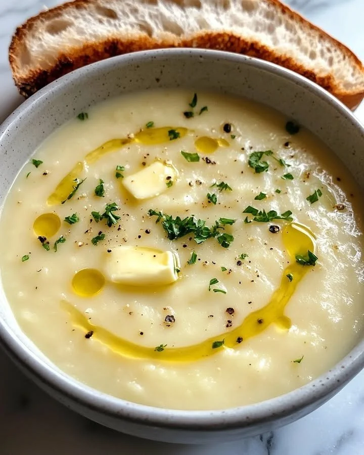 Bowl of creamy potato soup topped with herbs and served with bread